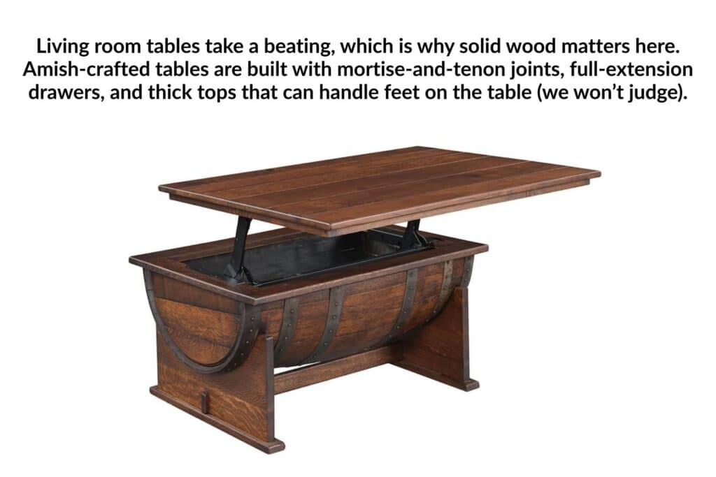 Living room tables take a beating, which is why solid wood matters here. Amish-crafted tables are built with mortise-and-tenon joints, full-extension drawers, and thick tops that can handle feet on the table (we won’t judge).