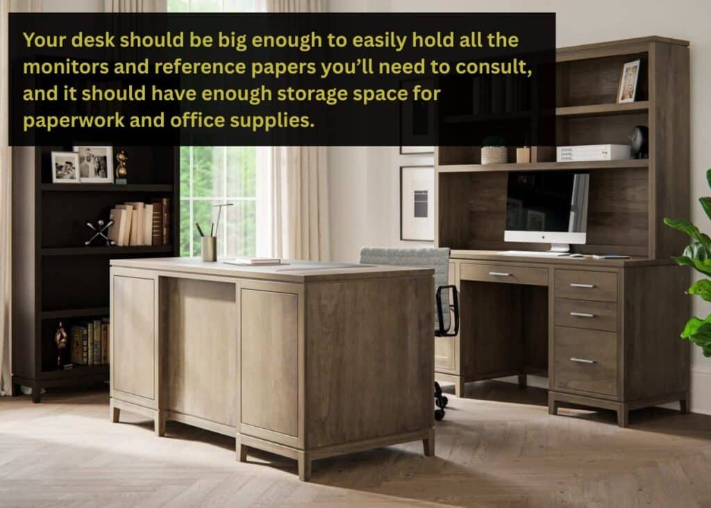 Amish-built home office furniture set featuring solid wood executive desk, matching hutch, and bookcase in a bright, modern workspace.