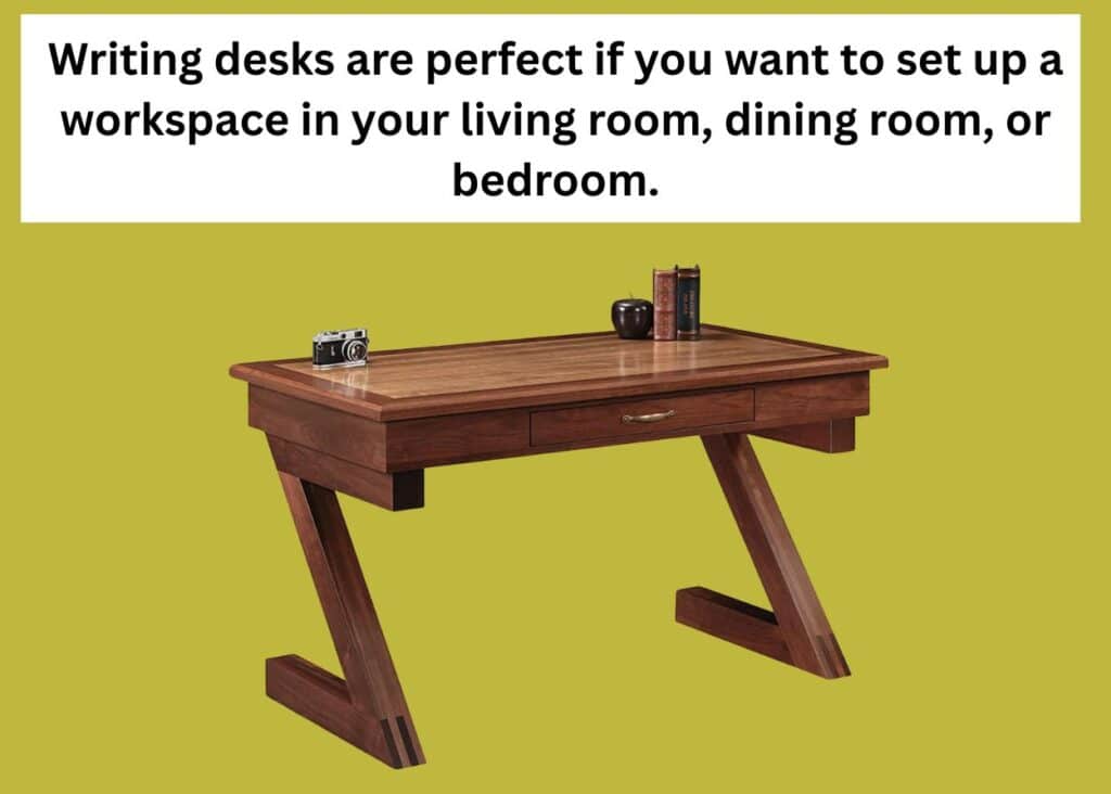 Solid wood Amish-made writing desk with drawer and angled legs, showcasing handcrafted joinery and smooth finish.