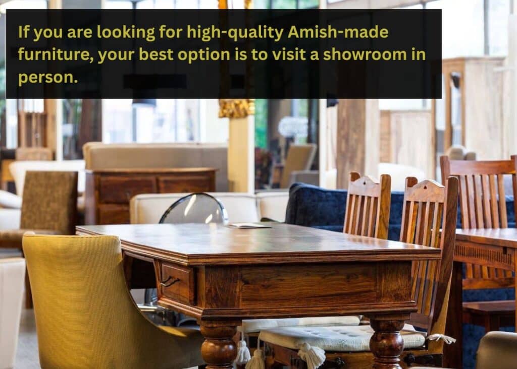 Solid wood Amish dining table and chairs displayed inside a furniture showroom with natural lighting and handcrafted pieces.
