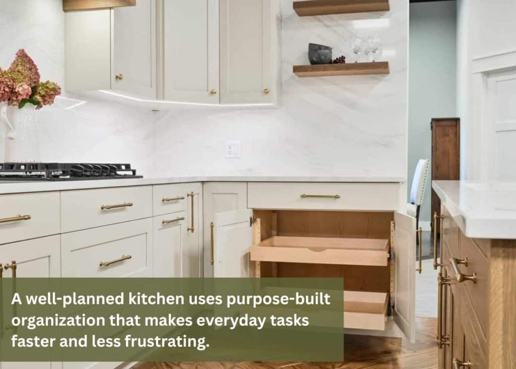 Custom kitchen cabinet storage solutions with pull-out shelves and corner cabinet organization in a Central PA kitchen remodel