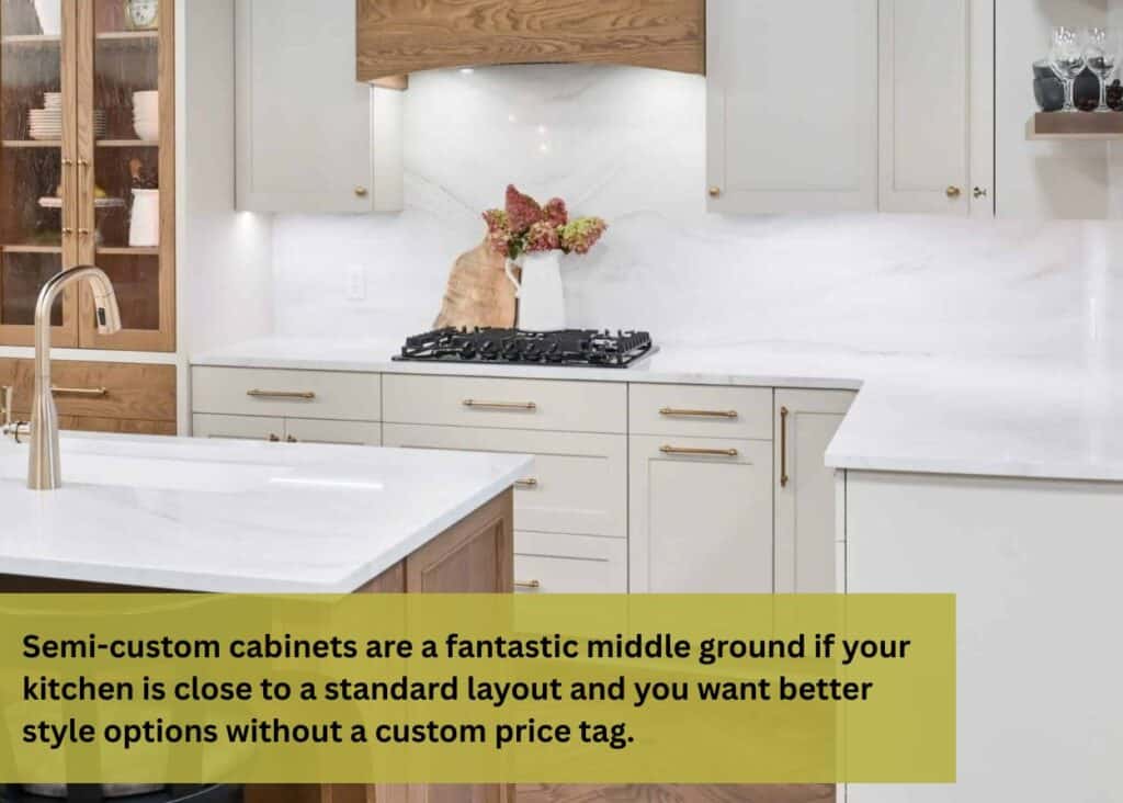 Semi-custom kitchen cabinets with white finishes, natural wood accents, brass hardware, and a white countertop
