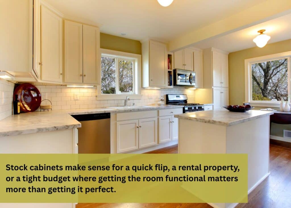 Stock kitchen cabinets with white doors, marble-look countertops, stainless steel appliances, and a center island