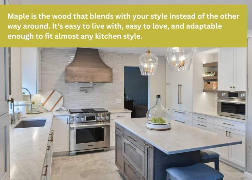 Custom maple kitchen cabinets with painted white cabinetry, gray island, and wood range hood