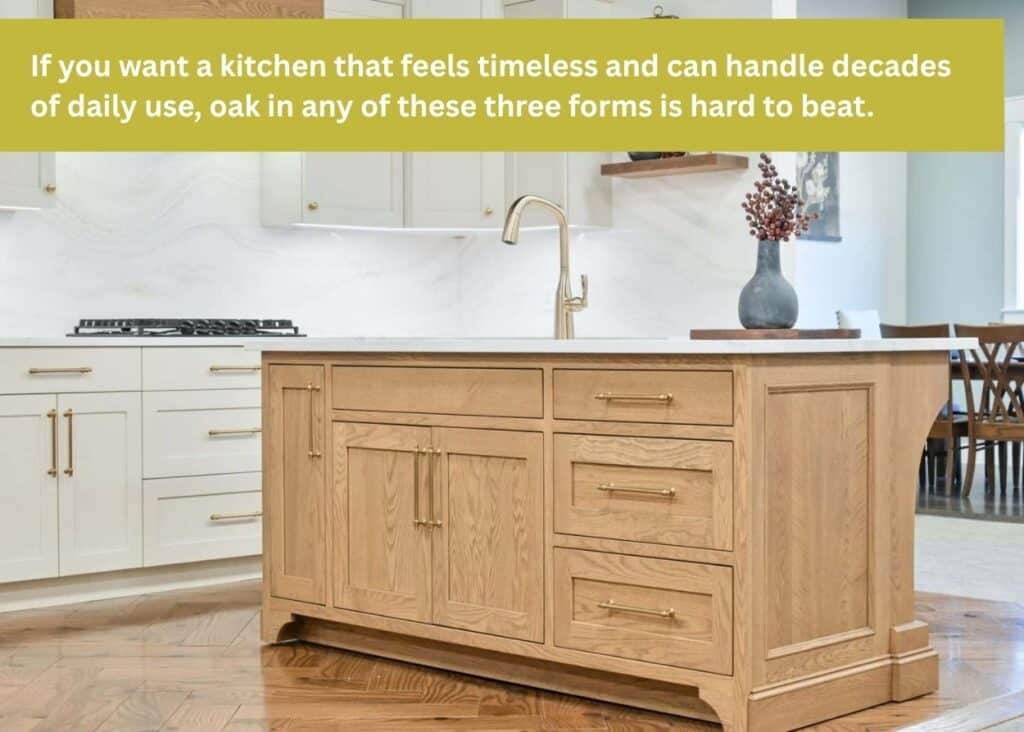 Custom oak kitchen cabinets with natural wood island, white cabinetry, and brass hardware